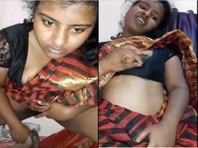 Naughty wife shows off her big boobs and masturbates with her husband's cock