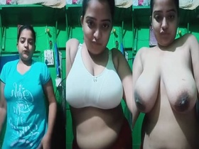 A beautiful girl with large breasts flaunts them