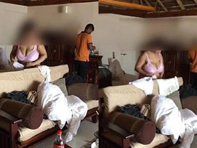 Desi wife Sonia in shorts and bra seductively teases room service guy