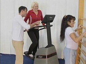 Granny and young babe engage in intense workout with triangle exercise