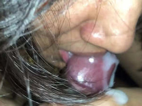 Indian babe gives a close-up blowjob and swallows cum